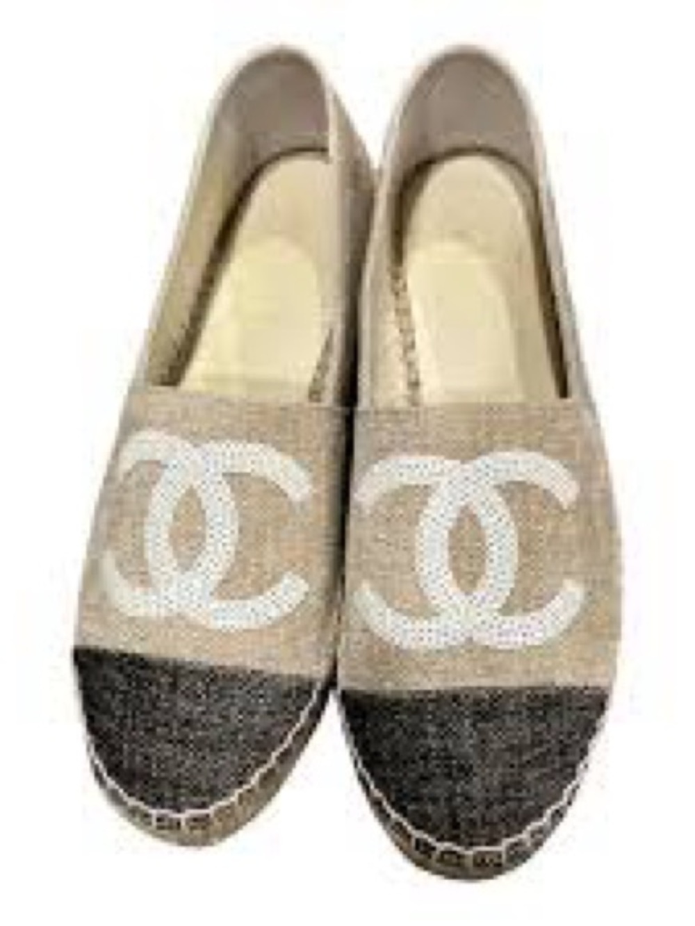 CHANEL Beige and Black Canvas Espadrilles with White CC Logo vintage sz 40